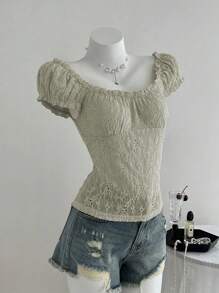 Elamini 女式纹理提花方领泡泡袖收腰修身T恤，春夏 - 薄荷綠 - 查看 3