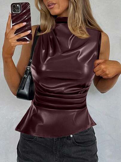 Siren Gaze Parte superior sin mangas de moda casual para mujer, de unicolor, con cuello plisado de PU, para salir en primavera y otoño