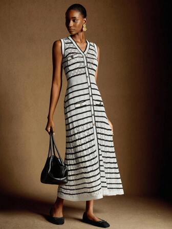 Écloséra 法式针织休闲条纹无袖女式毛衣裙