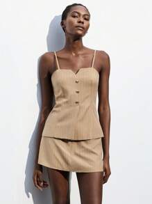 Maija 卡其色条纹印花金属纽扣设计可调节吊带女式休闲上衣,时尚现代优雅商务休闲风,适合度假、派对、婚礼宾客、早午餐、Y2K复古风、返校季秋季穿搭。 - 卡其色 - 查看 7