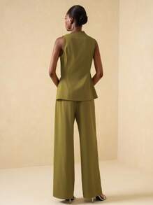 Vesra Conjunto de 2 piezas moderno para mujer con camisa sin mangas de cuello con volantes asimétrico y pantalones de pierna ancha