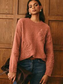 Poéselle Women's Floral Jacquard Loose Fit Dropped Shoulder Long Sleeve Casual Sweater In Fall/Winter - Orange - View 6