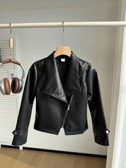 SHEIN Cool Modern Faux Leather Jacket, Suitable For Girls, Long Sleeve Outerwear Fall Winter