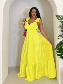 Veslaya 新款锐舞/复活节女装、复古富家女装、乡村音乐会服装、外出服装、仙女风、音乐节服装、热带度假女装、夏季女装、夏季、锐舞、欧洲夏季、春季服装、西部牛仔大码女装、音乐会服装、毕业典礼服装、百搭休闲纯色荷叶边系带深V领层叠长款连衣裙 - 黄色 - M - 黃色 - 查看 10