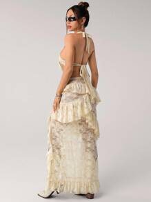 SHEIN ICON 2pcs Y2k Halter Neck Western Boho Going Out Lace Top & Low Waist Skirt Set Two Pieces Skirt Set Lace Two Pieces Set Festival Outfit Two Pieces Dress Goddess Outfit - Yellow - View 1