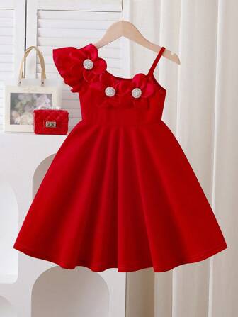 Elladie kids Kids White Dress With 3D Beaded Floral Decor, Waist Cinched A-Line, Suitable For Birthday Party, Summer Elegant Red Dress Girls Red Dress For Girls Girls Red Dress Kids Red Dress Red Flower Girl Dress Girls Party Dress Red