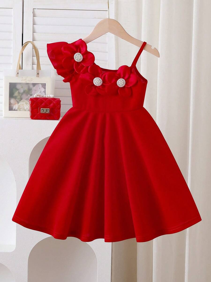 Elladie kids Váy trắng cho bé gái đính cườm 3D họa tiết hoa, dáng chữ A, thắt eo, thích hợp cho tiệc sinh nhật, mùa hè