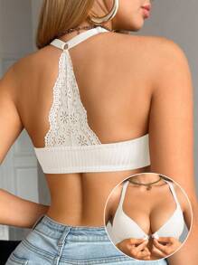 SHEIN Elacene 女士蕾丝拼布前扣式吊带文胸 - 白色 - 查看 2