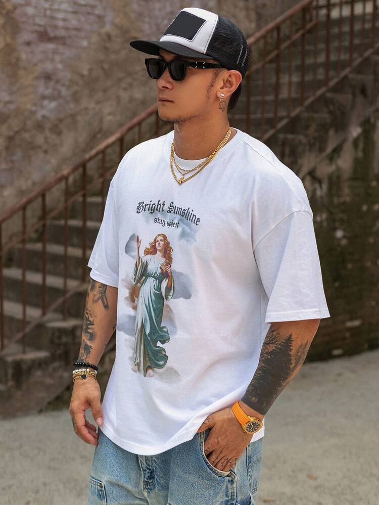 Men's White T-Shirt With Graphic & Letter Print, Summer