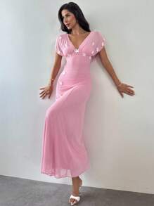 Firerie 女士休闲优雅 3D 花卉装饰吊带垂坠领网眼长裙/荷叶边裙/粉色裙/女士秋季连衣裙/秋装/返校节连衣裙/教师连衣裙/女士教堂连衣裙/商务休闲女士/女士约会夜服装/浪漫约会夜 - 粉色 - 查看 6