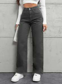 SHEIN Cottnline Women's High Waist Pockets Straight Loose Casual Versatile Jeans - Grey - View 4