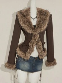 SHEIN ICON Women's Autumn And Winter Warm Hot Girl Y2K Millennial Style Fashionable Sexy Modern Urban Street Avant-Garde Brown Woven Splicing Fur Collar Waist Three-Dimensional Pocket Jacket - Brown - View 5