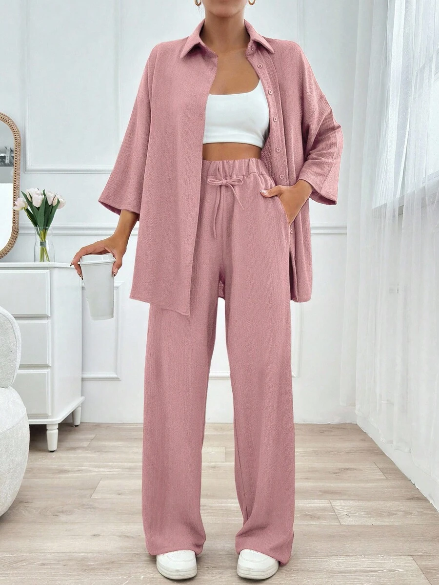 EURMUSE 2pcs Women's Solid Color Pants And Long Sleeve Blouse Set - Dusty Pink - View 1