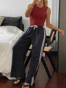 DAZY 女士休闲运动风格宽松背心上衣和裤子家居服套装睡衣 - 酒紅色 - 查看 4