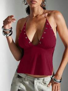 Denimoi 夏季性感铆钉O形环露背吊带上衣 - 酒紅色 - 查看 3