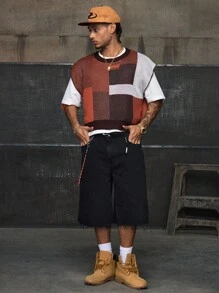 AXEPEAK Chaleco de punto casual y holgado con patrón geométrico de cuello redondo para hombre, para otoño e invierno - Multicolor - Ver 4