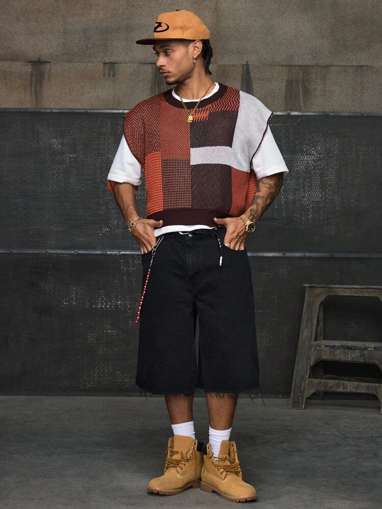 AXEPEAK Men's Geometric Pattern Crew Neck Casual Loose Knit Vest, For Fall Winter - Multicolor - View 4