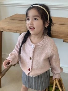 DAZY 女婴休闲纯色开衫，秋冬季幼儿女童服装 - 藕粉色 - 查看 4