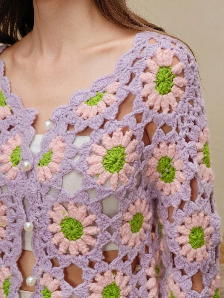 Top de chandail tricoté coloré et fleuri fait main avec motif ajouré, convient pour les vêtements d'extérieur en automne/hiver