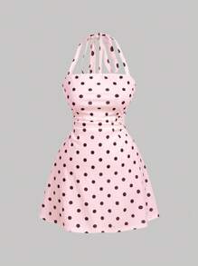 SHEIN MOD 女式圆点图案挂脖迷你连衣裙 - 粉色 - 查看 1