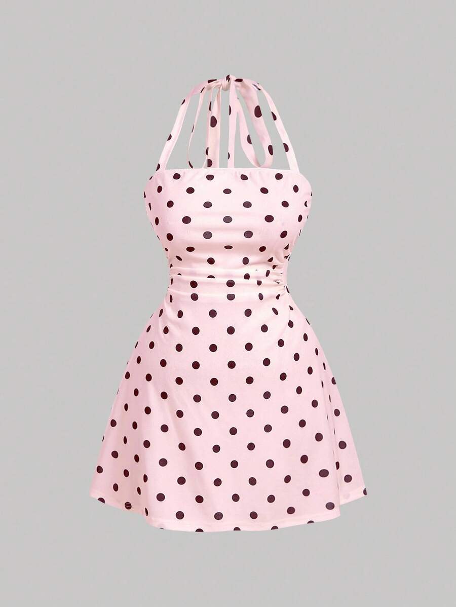 SHEIN MOD 女式圆点图案挂脖迷你连衣裙 - 粉色 - 查看 1