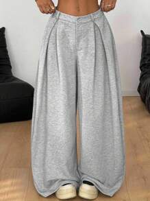 Coolane 女式夏季复古休闲嬉皮街头超大法式灰色弧形下摆宽松裤 - 淺灰色 - 查看 3