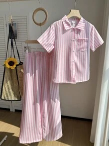 SHEIN 青少年女孩休闲街头时尚条纹衬衫和裤子 T 恤套装，适合度假、户外、学校、Ins - 粉色 - 查看 2