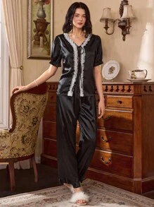 Conjunto de pijama de mujer Côtesoire con volantes fruncidos, decoración de lazo y pantalones con dobladillo de volantes de parche, conjunto de ropa de dormir de seda sintética, estilo elegante de palacio francés