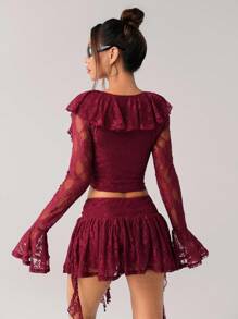 SHEIN ICON Y2k Fall Women's Western Burgundy Ruffled Flare Sleeve Sheer Lace 2 Pieces Set - Burgundy - View 2