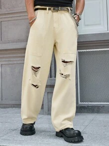 Manfinity LEGND Men's Casual Ripped Khaki Wide Leg Jeans, Suitable For Outdoor Activities And All Seasons - Apricot - View 6