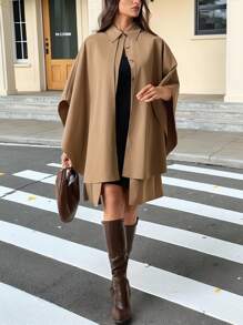 SHEIN Tall Abrigo tipo capa largo de mujer para otoño, de color liso, con mangas de murciélago, abotonado sencillo, casual y holgado, para mujeres altas - Caqui - Ver 3