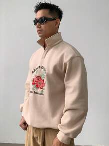 DAZY Autumn Rose Embroidery Gothic Letter Embroidery Apricot Men Pullover Sweatshirt - Apricot - View 4