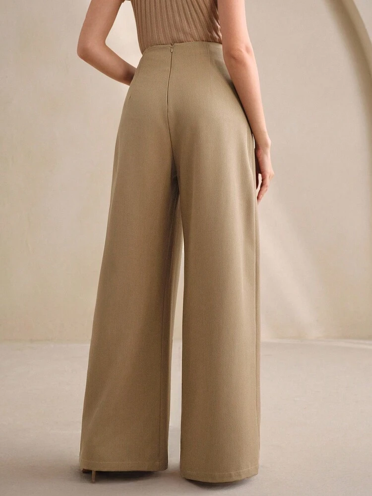 Elegant Asymmetrical Waist Design Pleated Straight Leg Long Pants, Business Casual Women Trousers For Autumn, Fall, Winter, Going Out, Formal, Chic, New Year, Christmas, Graduation, Wedding