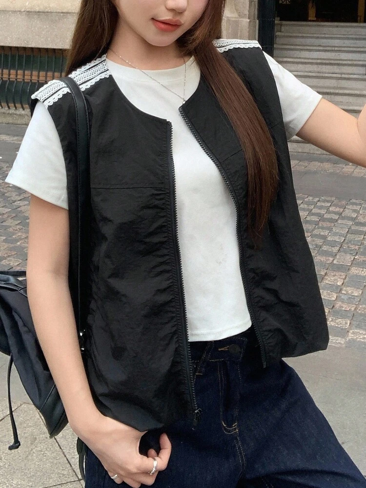 Women's Casual Contrast Color Lace Trim Sleeveless Jacket Vest Women Coats