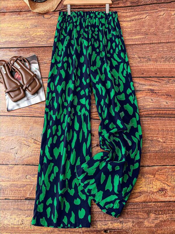 SHEIN Tall Plus Size Women Elastic Waist Loose Leopard Print Straight Leg Pants