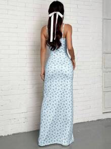 SHEIN EZwear 女式休闲蓝色碎花侧开衩下摆细肩带连衣裙 - 藍色 - 查看 2