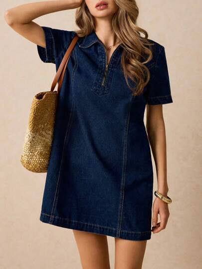 SHEIN Teen Girls Solid Washed Short Sleeve Zip Up Half Placket Casual Denim Dress,Denim Dress Zipper Front Short Sleeves Shirt Collar Summer Girl Outfit Summer Girl Dresses Boho Summer Dress Beach Girls Dresses Summer Clothes Spring Girl Outfits Western Wear Girl Spring Girl Dresses Spring Dress Summer Girl Clothes Festival Outfits Y2k Clothes, Work/Office Business Casual Clothes, Old Money, Business Casual Woman
