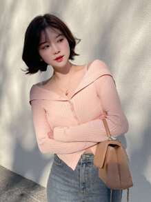 DAZY 女士 V 领开衫毛衣，短款宽松柔软针织套头衫，秋冬秋季女装 - 粉色 - 查看 1