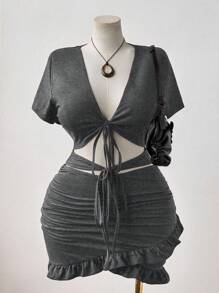 Sunspun Váy ôm body nhún bèo cổ chữ V buộc eo gợi cảm - Xám - Xem 1