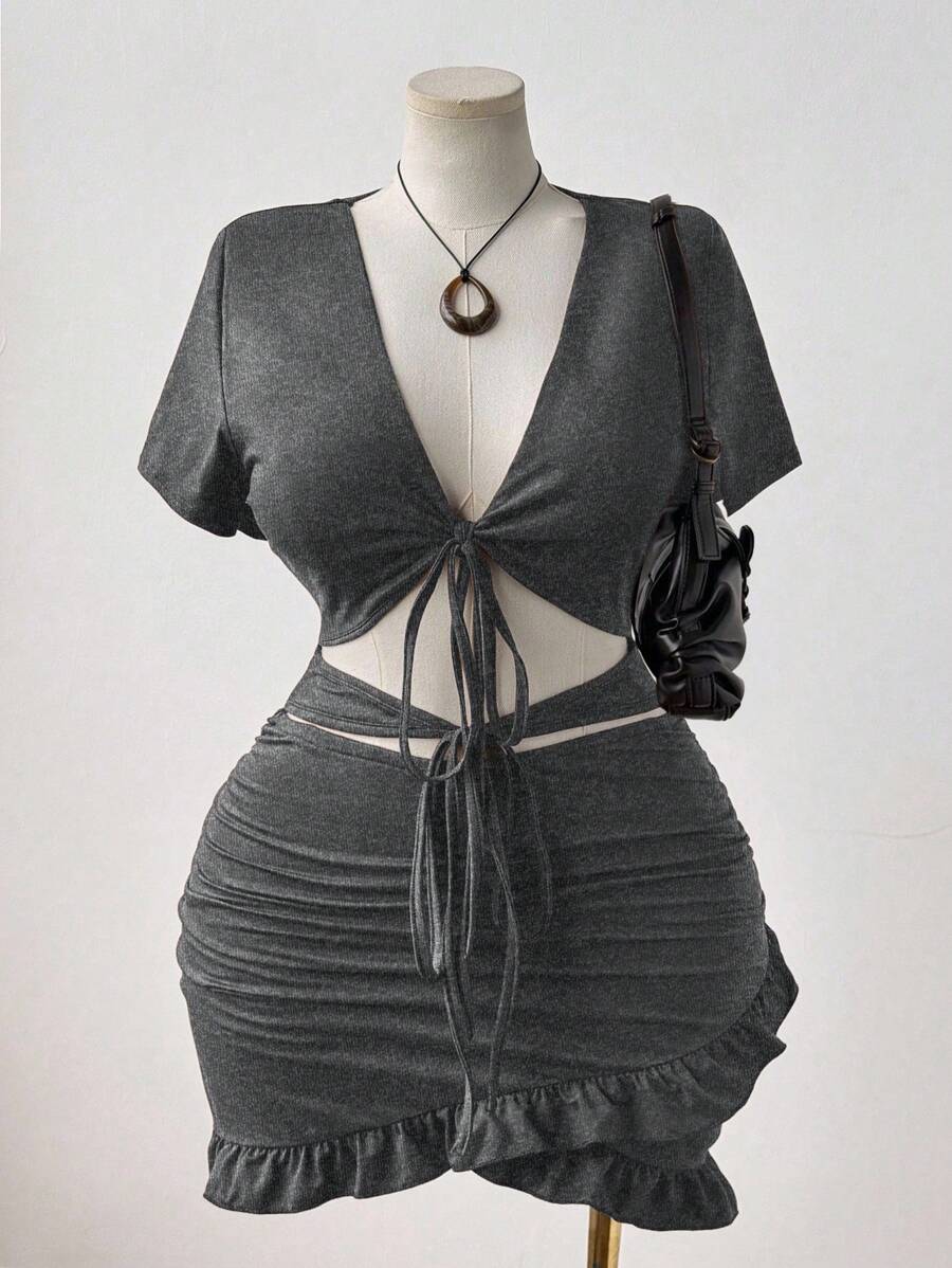 Sunspun Váy ôm body nhún bèo cổ chữ V buộc eo gợi cảm - Xám - Xem 1