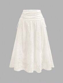 SHEIN MOD Saia vintage feminina de cor sólida com bordado vazado e laço - Bege - Ver 2