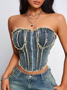 SHEIN EZwear Women's Summer Fashion Frayed Zippered Denim Bustier Top - Blue - View 4