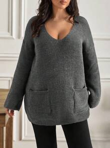 EURMUSE Plus Size Solid Color Pocket Detail Long Sleeve Sweater - Grey - View 6