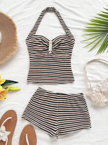 Soleia Set de top halter y shorts con patrón de rayas para mujer, 2 piezas - Multicolor - Ver 5