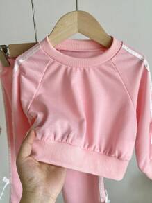 SHEIN 女婴幼儿新生儿0-3岁休闲日常百搭运动蝴蝶结装饰粉色长袖卫衣和裤子套装，秋冬 - 粉色 - 查看 5