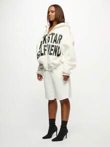 SUMWON WOMEN 摇滚明星女友款超大拉链连帽衫 Y2K 时尚街头潮流个性印花短款节日演唱会春秋季 - 白色 - 查看 4