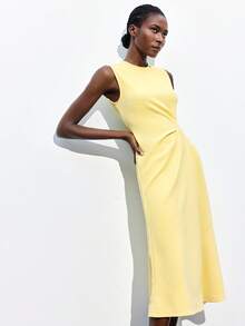 Maija 2025 秋冬新款优雅奶油黄色腰部褶饰设计中长连衣裙，现代时尚都市浪漫西部朋克 Y2K 乡村音乐节复古风格韩国机场旅行街头婚礼宾客生日万圣节商务休闲办公室约会派对郊游机场返校秋季连衣裙女士 - 黃色 - 查看 4