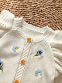 SHEIN Vintaside Kids 婴儿女童长袖连体衣，带有 3D 花朵装饰，适合家庭聚会、万圣节、新年、感恩节、圣诞节 - 米色 - 查看 6