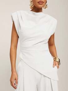 Silquee Blusa casual de mujer minimalista de unicolor con cintura ceñida y bajo asimétrico, blusa drapeada blanca, blusa elegante blanca - Blanco - Ver 3
