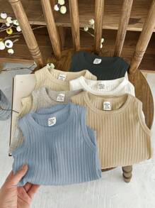 SHEIN Vintaside Kids Conjunto de 6 bodys sin mangas de verano multicolor para bebés niños, que incluyen los colores negro, blanco, gris, albaricoque oscuro, azul claro, caqui claro y otros colores clásicos